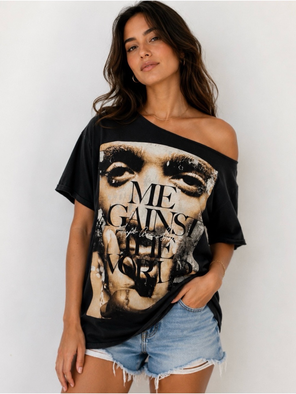 Tupac One Shoulder Graphic Tee Large Black Oversized Y2K Rap Band Tee Streetwear